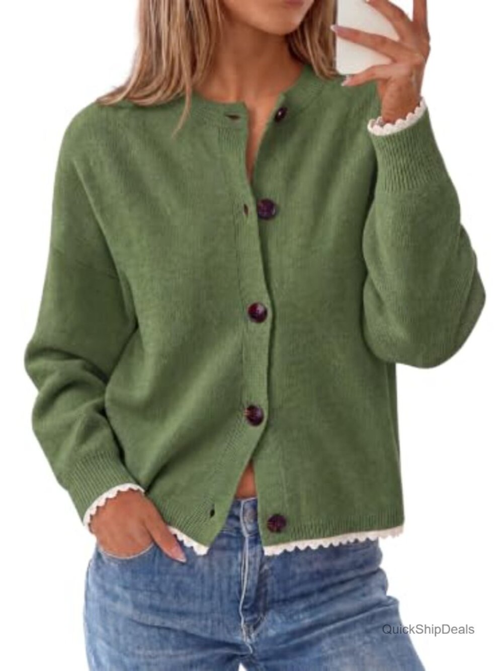Womens Lace Trim Button Down Cardigan Sweater with Removable Scarf